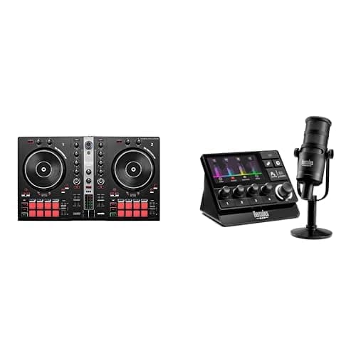 Hercules DJControl Inpulse 300 MK2 & Stream Essential Kit DJ Bundle, Includes Stream 200 XLR and XLR Microphone HXD-700 XLR microphone + 3 Months Voicemod Pro, (OBS, Streamlabs), Compatible with PC On