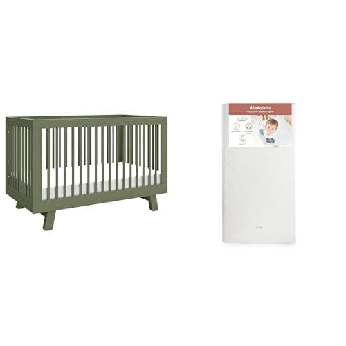 babyletto Hudson 3-in-1 Convertible Baby Crib in Olive Green with Pure Core 2-Stage Crib Mattress Bundle