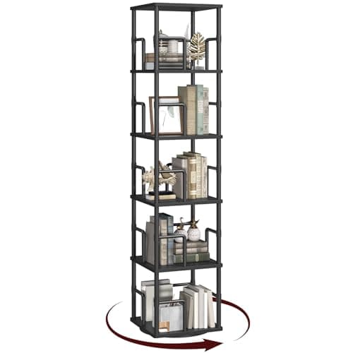 MAHANCRIS 5-Tier Rotating Bookshelf, Freestanding Corner Bookshelf, 360° Spinning Bookcase, Industrial Style Storage Rack with Rails, for Living Room, Bedroom, Study, Black BKBK1601