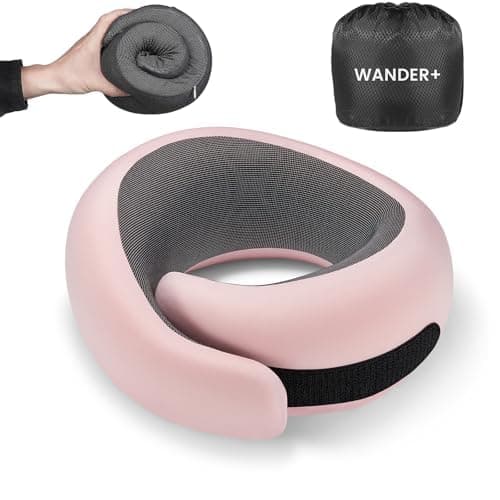 WANDER PLUS® Travel Neck Pillow, Pure Memory Foam Neck Pillow for Airplanes, Comfortable Breathable Cover, 360 Degree Support Ergonomic Design Best for Sleeping Plane Train Travel Essentials Max Pink
