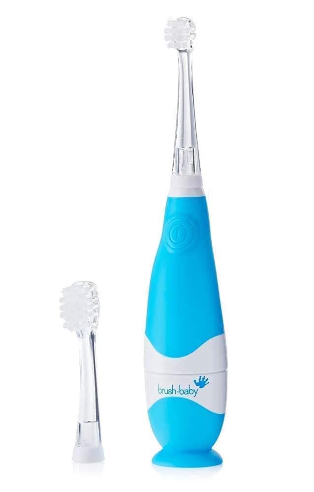 brush-baby - BabySonic Blue Electric Toothbrush, 0-36 Months - Soft, Gentle Vibrating Toothbrush for Sensitive Gums & New Teeth - with LED Light & Suction Base - Baby & Toddler Brush Heads
