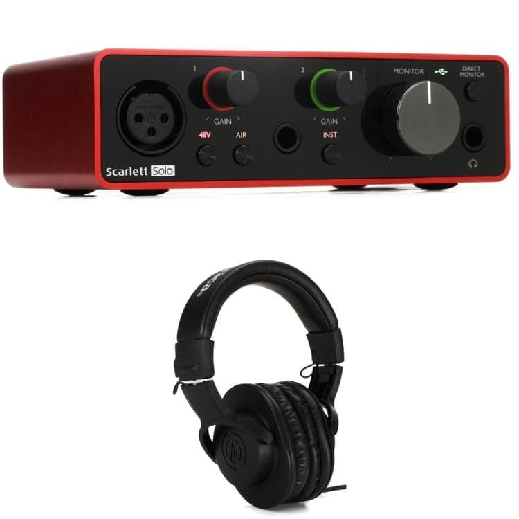 Focusrite Scarlett Solo 3rd Gen USB Audio Interface Bundle with Audio-Technica ATH-M20x Headphones, Studio Recording Kit for Musicians, Podcasters, Content Creators, Includes USB Cable and Software