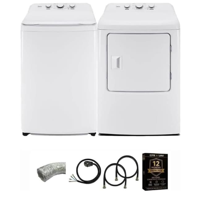 Midea White Top Load Washer and Dryer Pair 3.9 Cu Ft High Efficiency Washer and 6.7 Cu Ft Electric Dryer Bundle with 8 Cycles 4 Temperature Settings Dryer Vent Power Cable and 12 Month CPS Plan