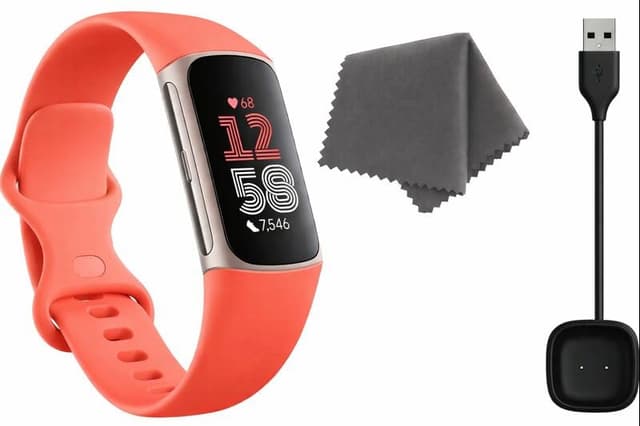 Fitbit Charge 6 Fitness Tracker (Bundle) – Black/Obsidian – Heart Rate, GPS, Sleep & Stress Tracking + Fast Charger, & Cleaning Cloth (Coral)