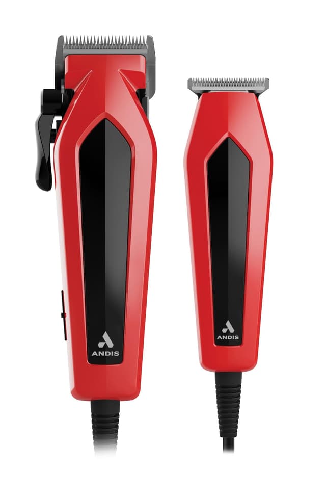 Andis 562940 Ultra Clip Corded Clipper & Trimmer 15-PieceHair Cutting Combo Kit, Stainless Steel Blades, Power Pivot Motor, Whisper Quiet, Hanger Loop, Red