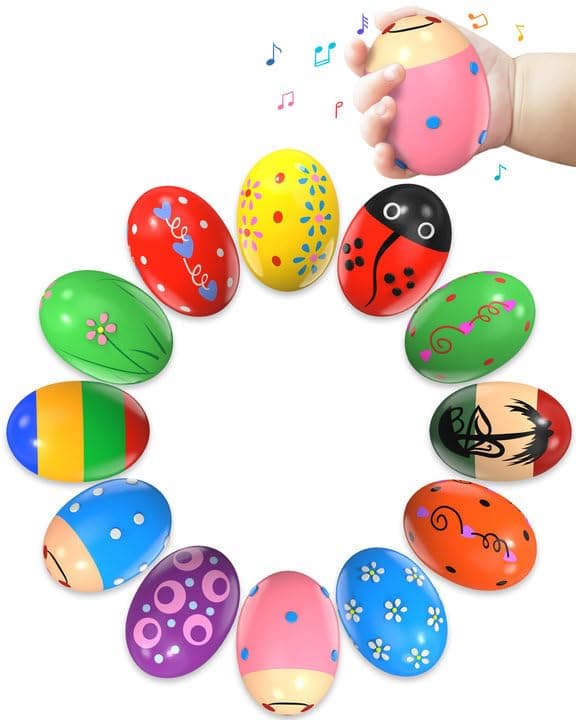 Tonberless 12 Pack Wooden Percussion Musical Shaker Easter Basket Stuffers for Toddler, Prefilled Easter Eggs Fillers Basket Essentials for Gifts Toys for Toddlers Kids Babies Boys Girls