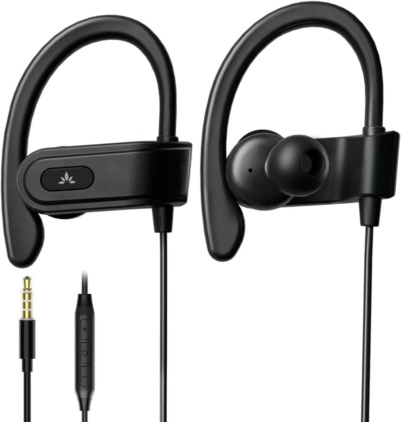 Avantree E171 - AUX 3.5mm Wired Earbuds with Microphone & in-Line Volume Control, Compatible with Traditional 3.5mm AUX Phones Corded Headphones with Ear Hook for Running & Sports, Black