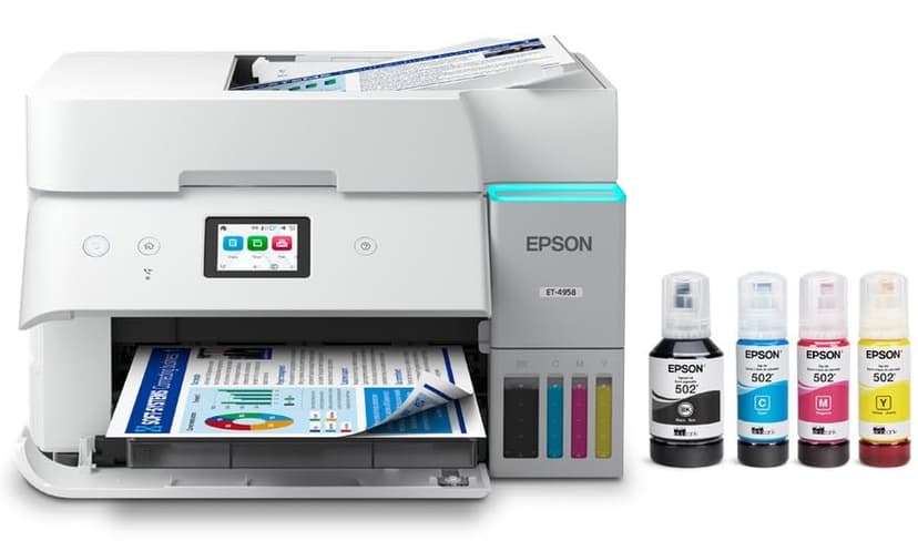 Epson EcoTank ET-4958 Wireless All-in-One Color Supertank Printer, Refillable Tanks, 2.4" Color Touchscreen, Auto Document Feeder, Auto Duplex Print/Copy, Scan, 250-Sheet Paper Tray – White