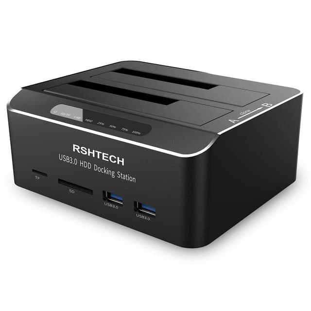 Hard Drive Docking Station RSHTECH USB 3.0 Aluminum Dual Bay Hard Drive Dock for 2.5" & 3.5" SATA HDD SSD with SD/Micro SD Card Reader and Offline Clone/Duplicator Function Support 16TB Tool-Free