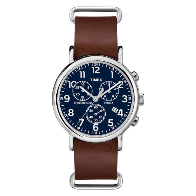 Timex Weekender Chrono Quartz Analog Watch with Leather Strap, Brown/Silver/Blue, 40 mm (Model: TW2R63200)