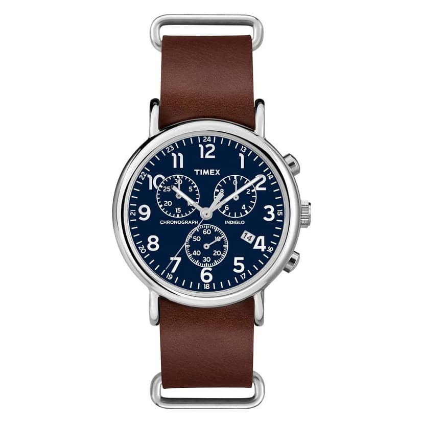 Timex Weekender Chrono Quartz Analog Watch with Leather Strap, Brown/Silver/Blue, 40 mm (Model: TW2R63200)