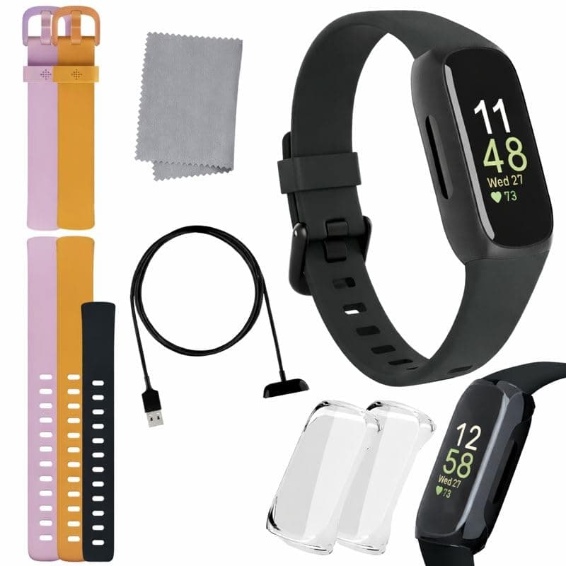 Fitbit Inspire 3 Health & Fitness Tracker Bundle - with Stress Management, Workout Intensity, Sleep Tracking, 24/7 Heart + 2 Silicone Bands, 2 Screen Protectors, Cleaning Cloth & Fast Charger