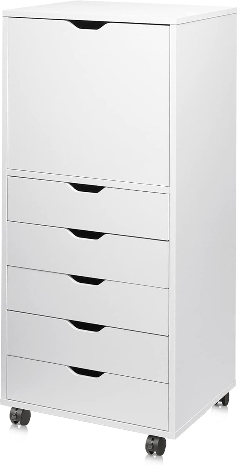 DEVAISE Wood File Drawers, Mobile Chest with 5 Drawer and 1 Door, Rolling Filing Drawer for Home Office, White