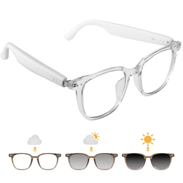 Smart Glasses for Women Men, Bluetooth Glasses with Photochromic Lenses Touch Control Voice Assistant for Clear Audio Remote Photography, Transparent frame and white legs, Perfect for Indoor Outdoor