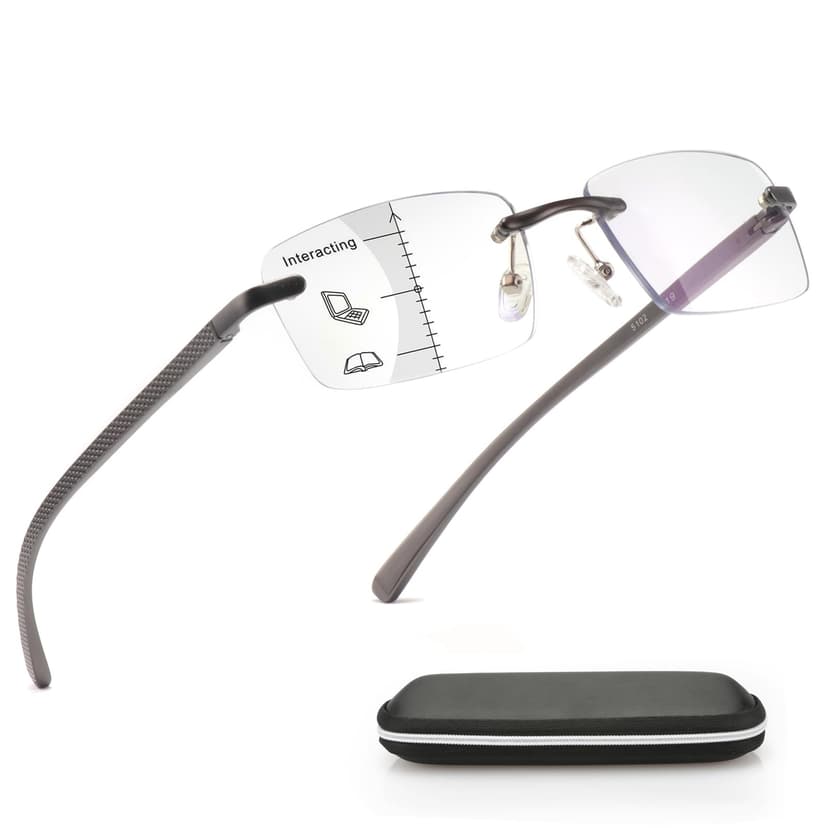 Missfive Premium Aluminum Progressive Multifocus Reading Glasses Men Blue Light Blocking, No-Line Spring Hinge Rimless Office Multifocal Metal Readers,0.75x-1.5x on A Lens for Near Range, Gunmetal