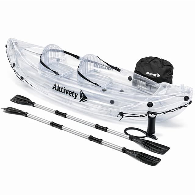 AKTIVETY - Clear Kayak - Transparent 2-Seater Inflatable Tandem for Two Adults - See-Through Style - Complete Set with Adjustable Seats, Pump, Paddles, Carry Bag & Tracking Fin