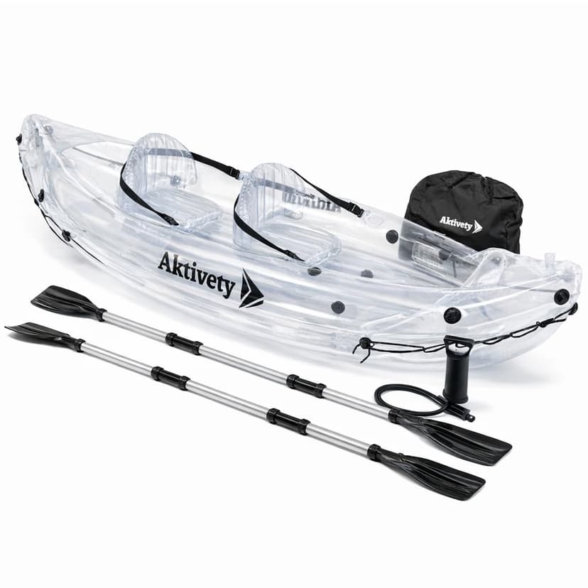 AKTIVETY - Clear Kayak - Transparent 2-Seater Inflatable Tandem for Two Adults - See-Through Style - Complete Set with Adjustable Seats, Pump, Paddles, Carry Bag & Tracking Fin