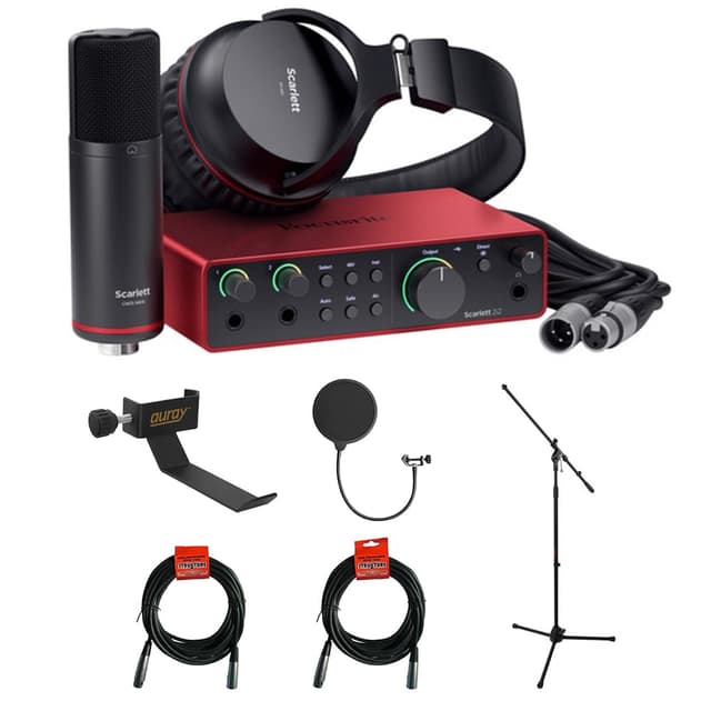 Focusrite Scarlett 2i2 Studio USB-C Audio Interface (4th Generation) with Condenser Microphone and Headphones Bundle with Tripod Mic Stand + Boom, Headphone Holder, Pop Filter & 2x XLR Cable