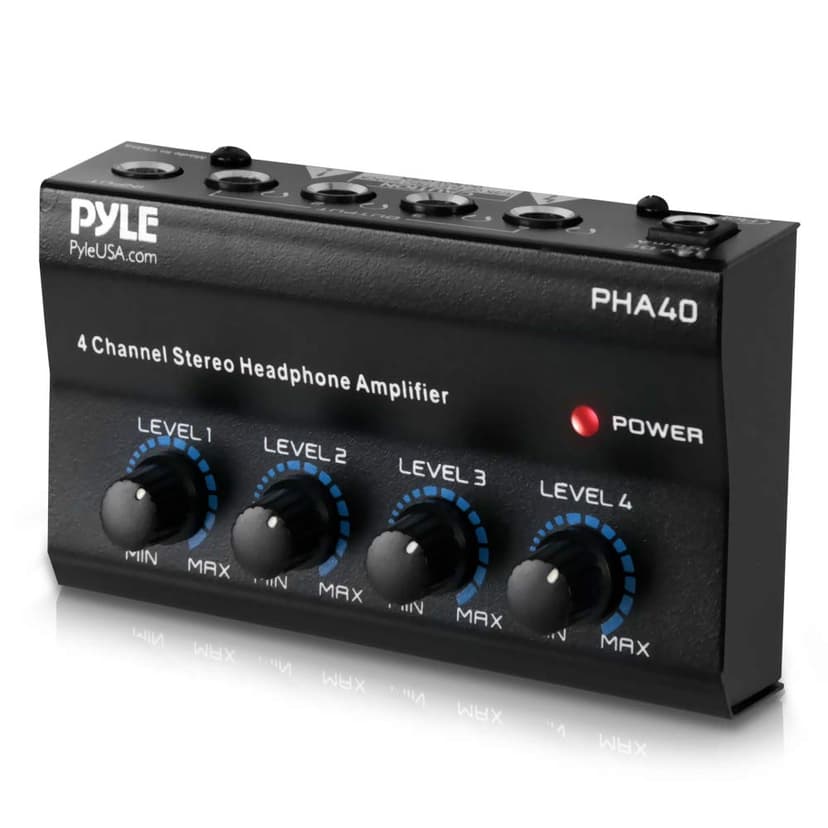 4-Channel Portable Stereo Headphone Amplifier - Professional Multi Channel Mini Earphone Splitter Amp w/ 4 ¼” Balanced TRS Headphones Output Jack and 1/4" TRS Audio Input For Sound Mixer - Pyle PHA40 BLACK