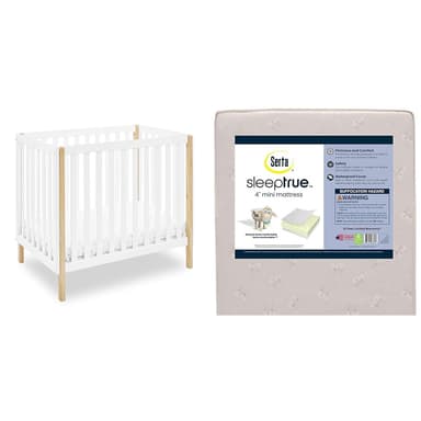 Delta Children Gio Mini Crib with 2.75" Mattress Included, Bianca White/Natural & Serta SleepTrue Mini Crib Mattress, Premium Sustainably Sourced Fiber Core