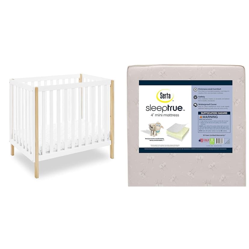 Delta Children Gio Mini Crib with 2.75" Mattress Included, Bianca White/Natural & Serta SleepTrue Mini Crib Mattress, Premium Sustainably Sourced Fiber Core