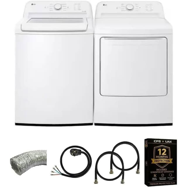 LG White Top Load Smart Washer and 7.3 cu ft Ultra Large Capacity Rear Control Electric Dryer Pair Energy Star Sensor Dry FlowSense Smart Diagnosis Hoses Vent Duct and 1 Year CPS Protection