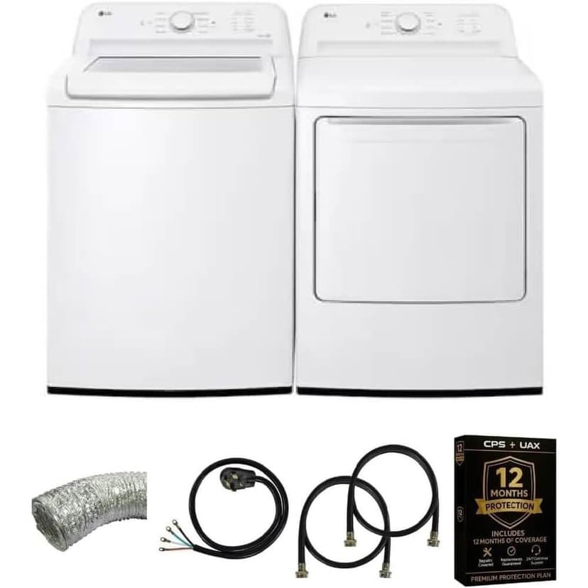 LG White Top Load Smart Washer and 7.3 cu ft Ultra Large Capacity Rear Control Electric Dryer Pair Energy Star Sensor Dry FlowSense Smart Diagnosis Hoses Vent Duct and 1 Year CPS Protection