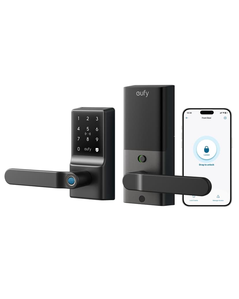 eufy Security Smart Lock C33, Keypad Door Lock with Handle, Fingerprint Door Knob, Keyless Entry Door Lock for Front Door and Bedrooms, Electronic Deadbolt, Wi-Fi, App Control, IP53 Waterproof, Black