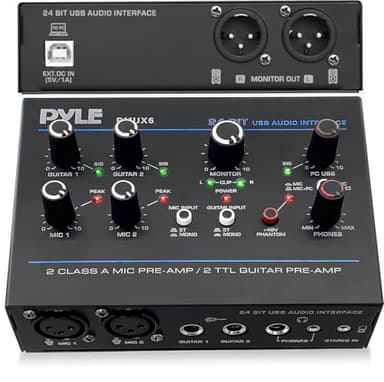Pyle Professional USB Audio Interface with MIC, Guitar, AUX Stereo Inputs, Phone/Monitor Outputs, Ideal for Computer Playing & Recording, Compact Rugged Metal Housing - PMUX6