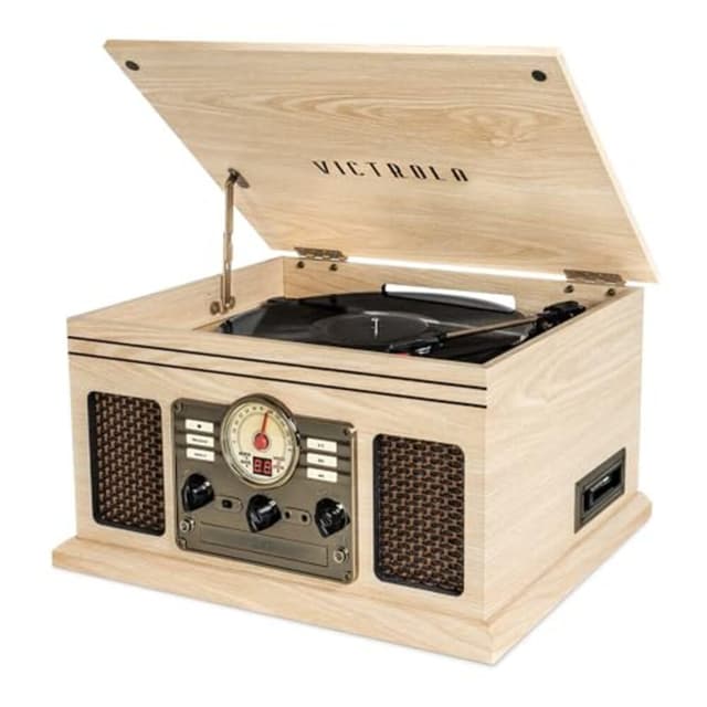 Victrola The Quincy 6-in-1 Bluetooth Record Player & Multimedia Center with Built-in Speakers – 3-Speed Turntable, CD & Cassette Player, AM/FM Radio, Wireless Music Streaming (Natural)
