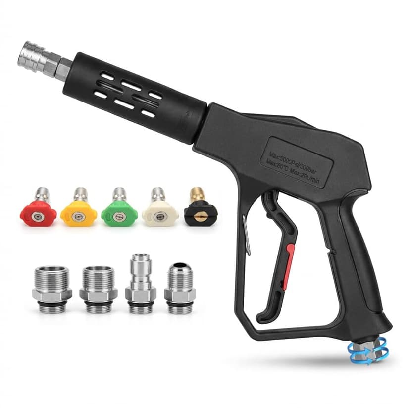 NereidWash Swivel Pressure Washer Gun,Sturdy 5000PSI Short Power Washer Wand Carwash Spray Foam Gun Handle with 3/8 Plug & M22-14mm & M22-15mm and 1/4 Adapter 5 nozzles