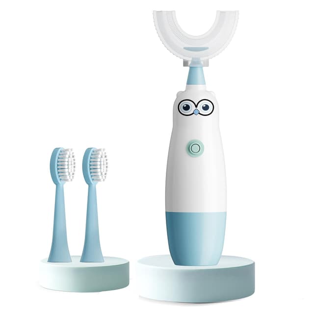 Hikid Kids Electric Toothbrush，360-Degree Sonic Vibration, IPX7 Waterproof,Toddler U Shaped Toothbrush with 2 Soft Brush Head,Cute Owl Design Baby Toothbrush for Ages 2–7（Blue）
