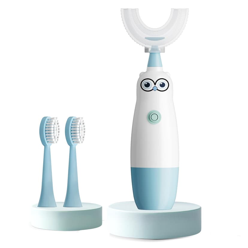Hikid Kids Electric Toothbrush，360-Degree Sonic Vibration, IPX7 Waterproof,Toddler U Shaped Toothbrush with 2 Soft Brush Head,Cute Owl Design Baby Toothbrush for Ages 2–7（Blue）