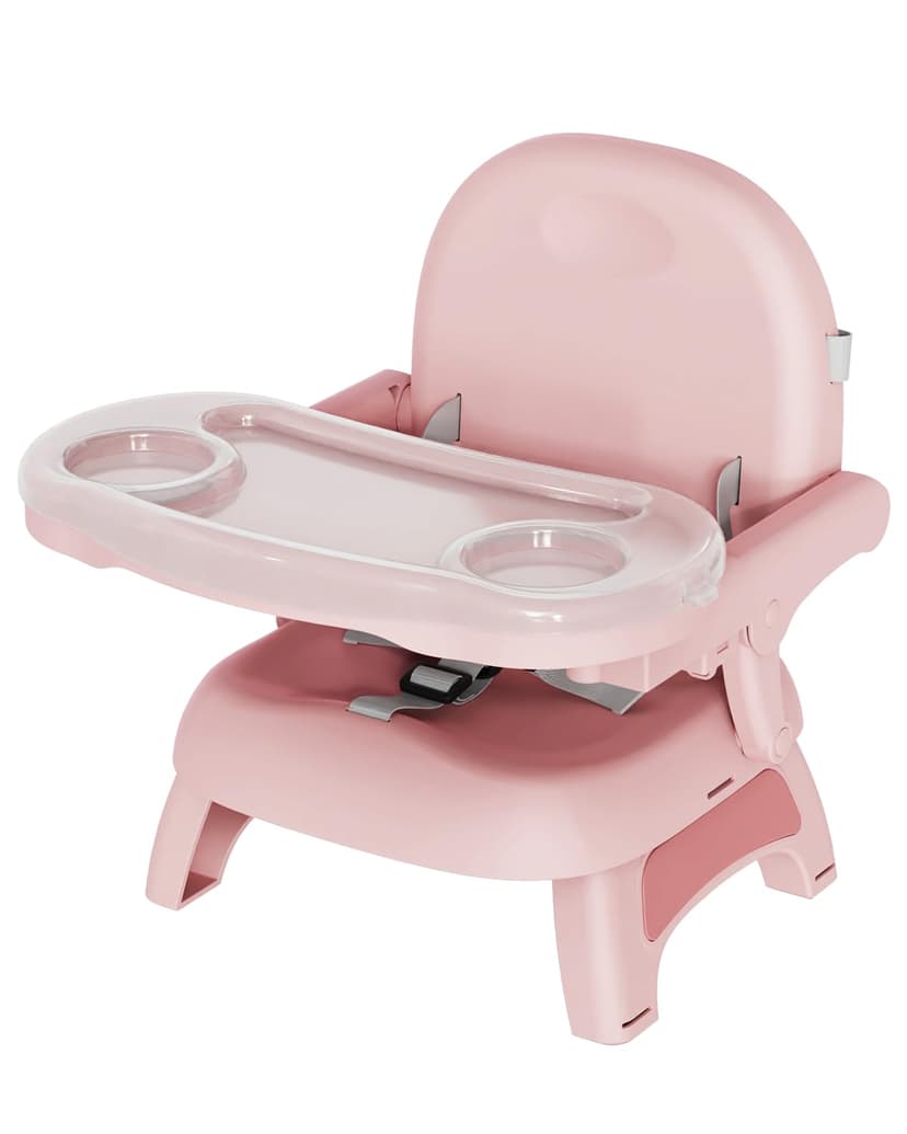 BBsecure Booster Seat for Kitchen Chair, 3-in-1 Foldable Baby Booster Seat with Removable Dual Tray & 3-Point Harness, Portable Toddler Booster Chair for Dinning Table, Travel, Outdoor Camping, Pink