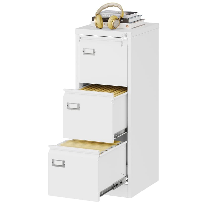 Fesbos 3 Drawers Vertical File Cabinets - 17.8" Deep Lockable Filing Cabinet - White Metal Storage Cabinets for Home Office to Hanging Files Letter/Legal/F4/A4 Size