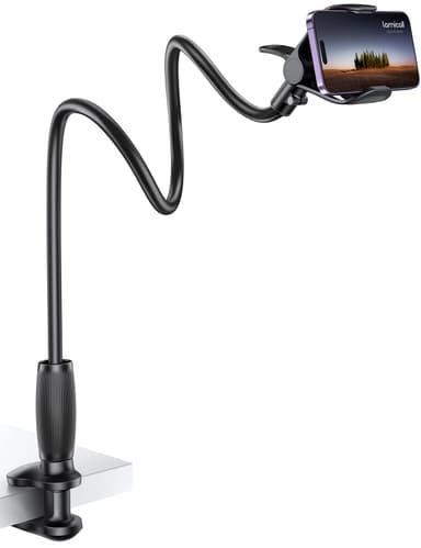 Lamicall Gooseneck Phone Holder for Bed - [Upgraded Stable Clip] for Desk, Headboard, Bed, Bedside, Table, Flexible Gooseneck Long Arm Stand, Overhead Cell Phone Clamp Mount, Gift for All 4-7” Device