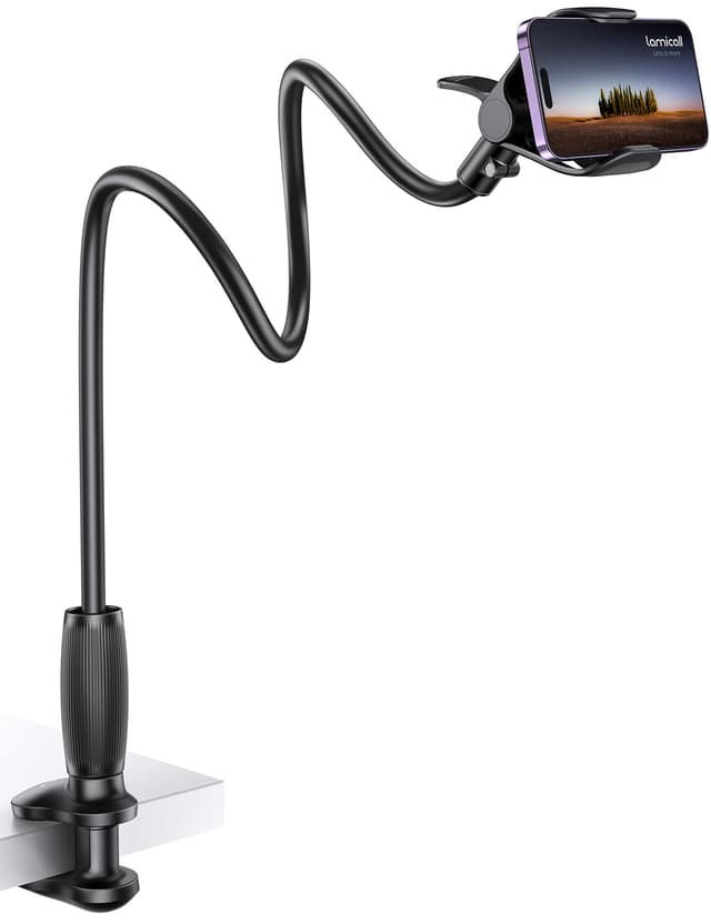 Lamicall Gooseneck Phone Holder for Bed - [Upgraded Stable Clip] for Desk, Headboard, Bed, Bedside, Table, Flexible Gooseneck Long Arm Stand, Overhead Cell Phone Clamp Mount, Gift for All 4-7” Device