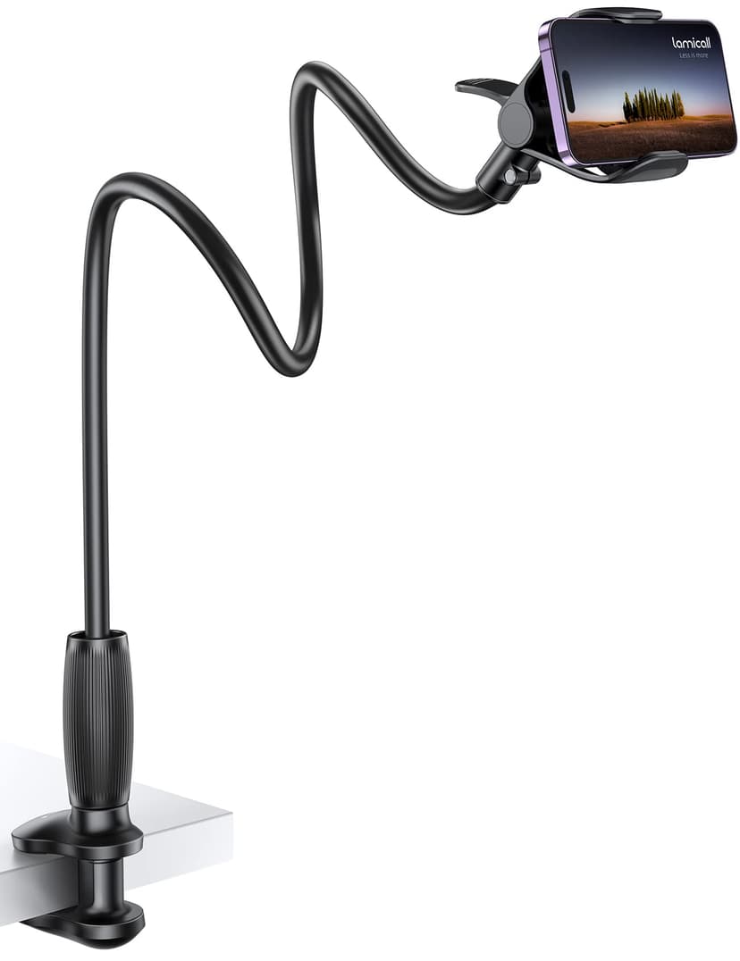 Lamicall Gooseneck Phone Holder for Bed - [Upgraded Stable Clip] for Desk, Headboard, Bed, Bedside, Table, Flexible Gooseneck Long Arm Stand, Overhead Cell Phone Clamp Mount, Gift for All 4-7” Device