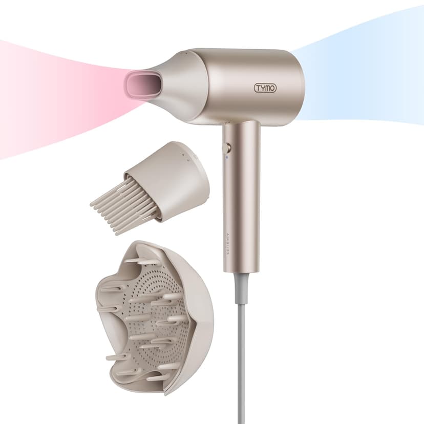 TYMO Diffuser Hair Dryer Blow Dryer - 300 Million Ionic Hairdryer with Diffuser & Comb Attachment for Curly Hair, Professional Blowdryer for Women, Cool Air Button, Small Travel Lightweight, Gold