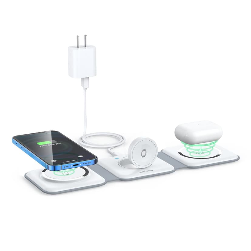 Wireless Charger 3 in 1,RTOPS Magnetic Travel Wireless Charging Station Multiple Devices,GaN 3 in 1 Charging Station,Compatible for iPhone16/15/14/13/Pro/Max,iWatch,AirPods4/3/2/Pro(Adapter Includes)