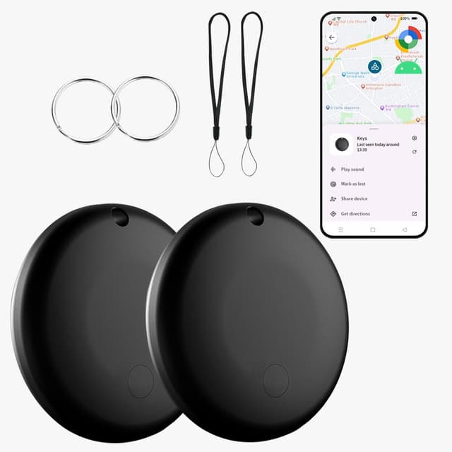 Bluetooth Tracker for Android (2Pack, Black), Works with Google Find My Device App, IP67 Waterproof, Replaceable Battery, Tracker Tag for Keys, Backpack, Suitcases, Travel and Commute