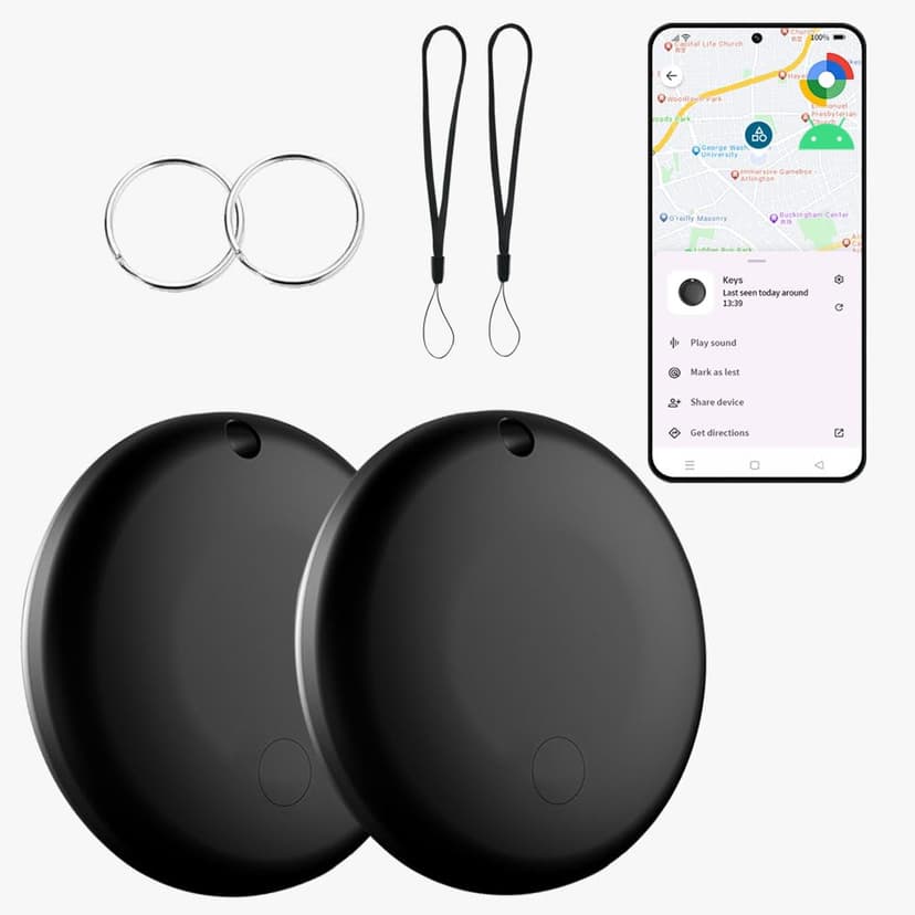 Bluetooth Tracker for Android (2Pack, Black), Works with Google Find My Device App, IP67 Waterproof, Replaceable Battery, Tracker Tag for Keys, Backpack, Suitcases, Travel and Commute