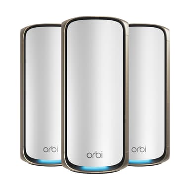 NETGEAR Orbi 970 Series Quad-Band WiFi 7 Mesh Network System (RBE973S), Router + 2 Satellite Extenders, Security Features, Up to 27Gbps, Covers Up to 10,000 sq. ft., 200 Devices, 10 Gig Internet Port