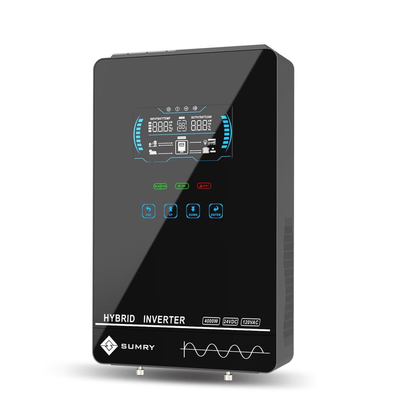 SUMRY Hybrid Solar Inverter, 4000W DC 24V to AC 120V Pure Sine Wave Power Converter, Glass Top Cover with LCD Display, 140A MPPT Charge Controller, Supports Battery-Less or AGM Lithium Battery