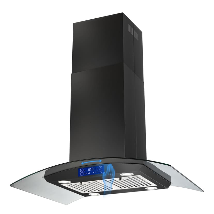 JOEAONZ 36 inch Island Range Hood 700CFM Black Painted Stainless Steel, Gesture & Touch Control Panel Ceiling Mount Kitchen Vent Hood Ducted/Ductless Convertible Extractor, Exhaust Fan 4 LED Lights