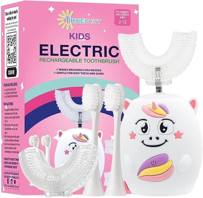 Trueocity Kids U Shape Toothbrush Auto Electric Toddler Rechargeable Kids Automatic Toothbrush | 360° U-Shaped Silicone Brush Head | Gentle Cleaning for Ages 2–7 | Unicorn Design (Pink)