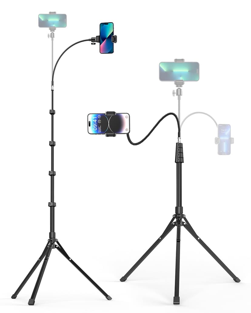 Aureday Phone Tripod, 92" Cell Phone Stand with 15" Gooseneck, Remote and Phone Holder, Overhead & Selfie Stick for Recording/Watching/Vlog, Compatible with iPhone Android