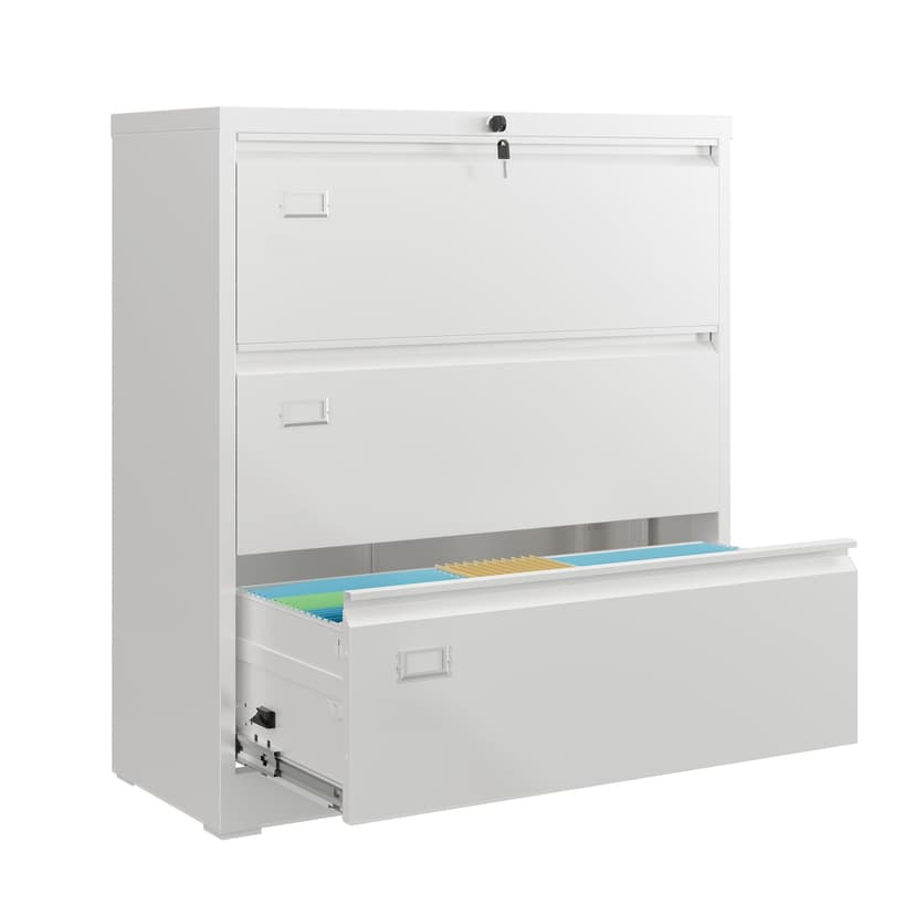 DEVAISE Metal Lateral File Cabinet with Lock, 3 Drawer Filing Cabinet with Business Card Holder, Suitable for Home Office School Hanging Files Letter/Legal/F4/A4 Size, White