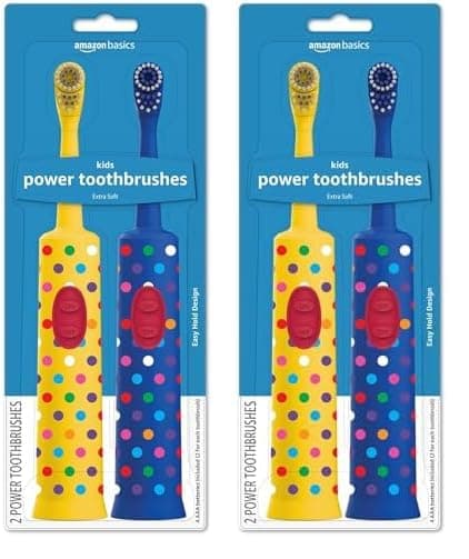 Amazon Basics Kids Electric Toothbrush, Battery Powered, Soft Bristles, Oscillating Brush Head, Ages 4+, 2 Count, 2-Pack (Previously Solimo)