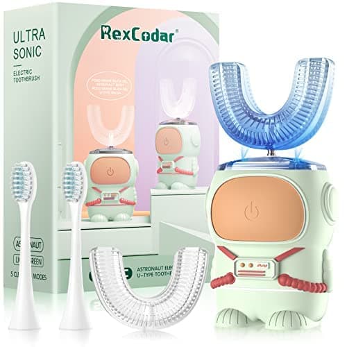 RexCodar Ultrasonic Kid's U-Shaped Electric Toothbrush, IPX7 Waterproof, Five Cleaning Modes, Cartoon Astronaut, 60S Smart Reminder (6-12 Age (Green))